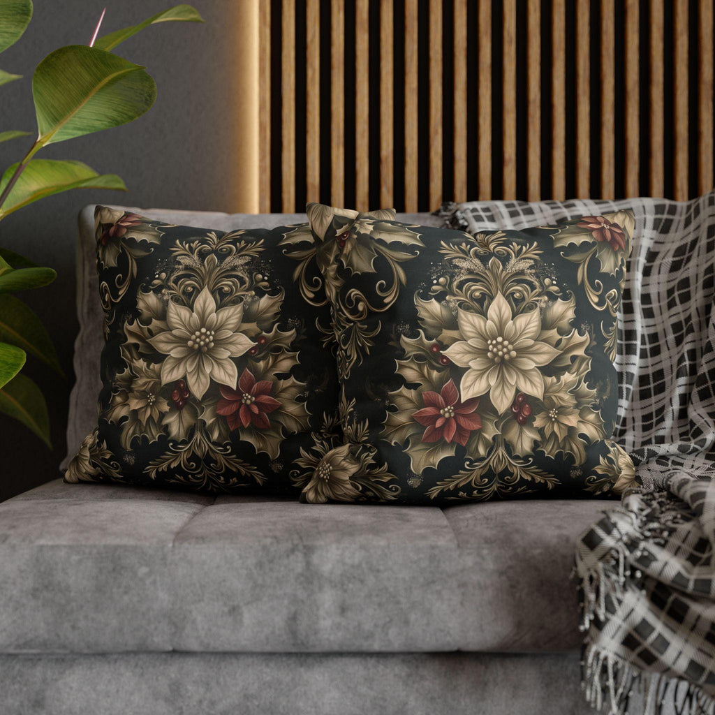 Vintage Style William Morris Christmas Pillow Cover: Poinsettia & Holly on Charcoal Cushion