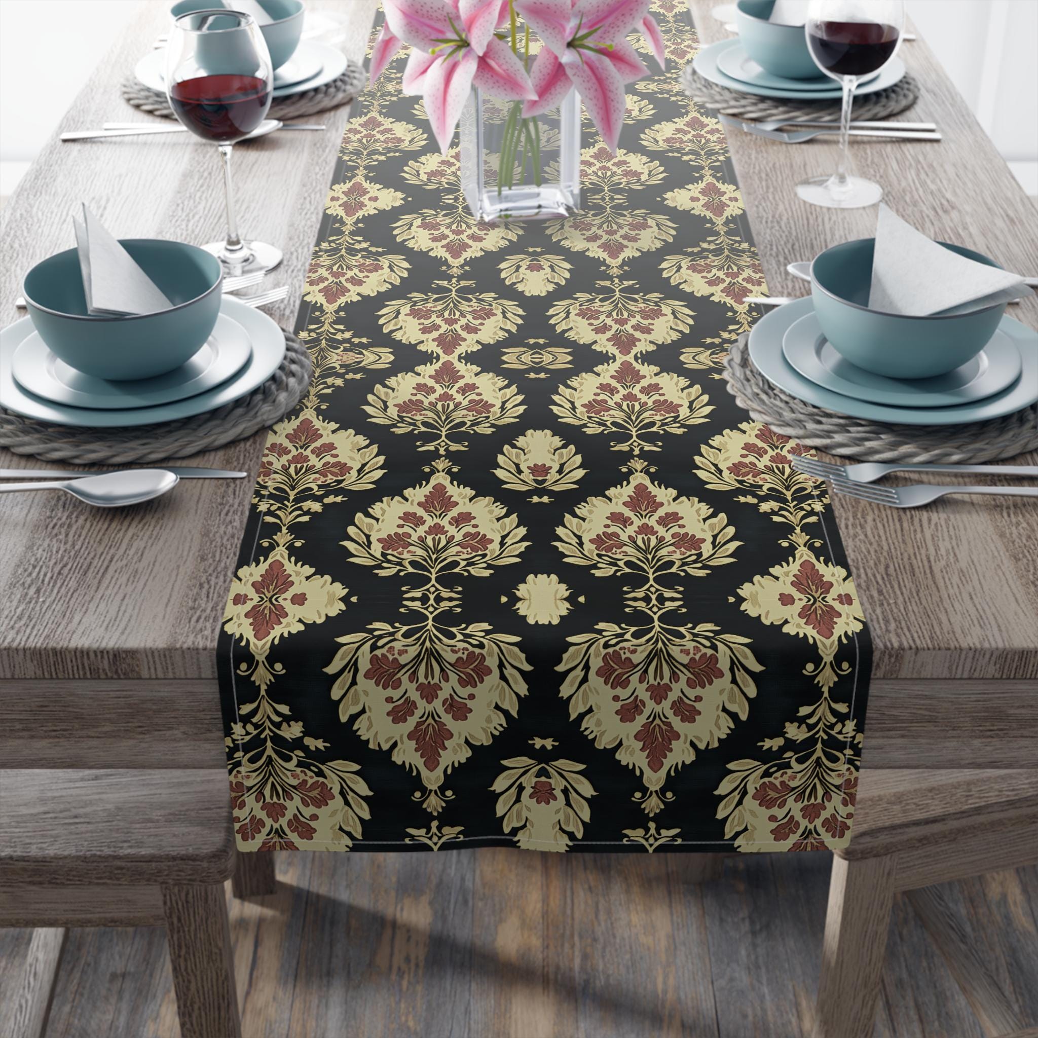 Elegant Ikat Christmas Table Runner: Red Green Gold