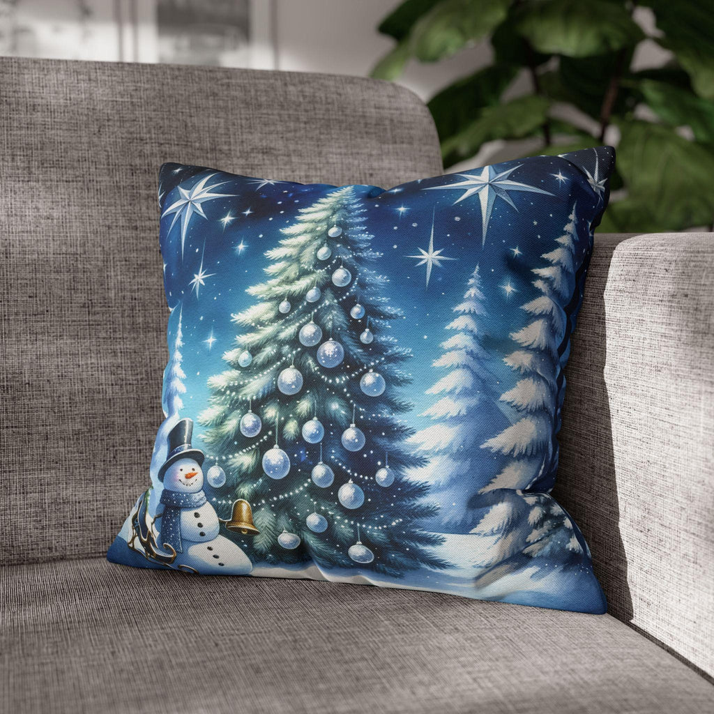 Serene Watercolor Style Christmas Pillow Cover: Snowman & Tree Winter Decor