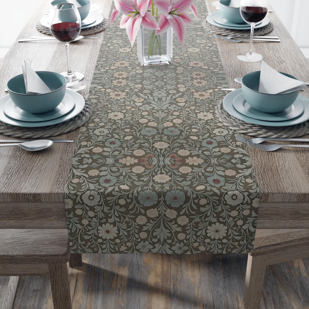 William Morris Table Runner: Soft Sage, Taupe, Blush Botanical Print