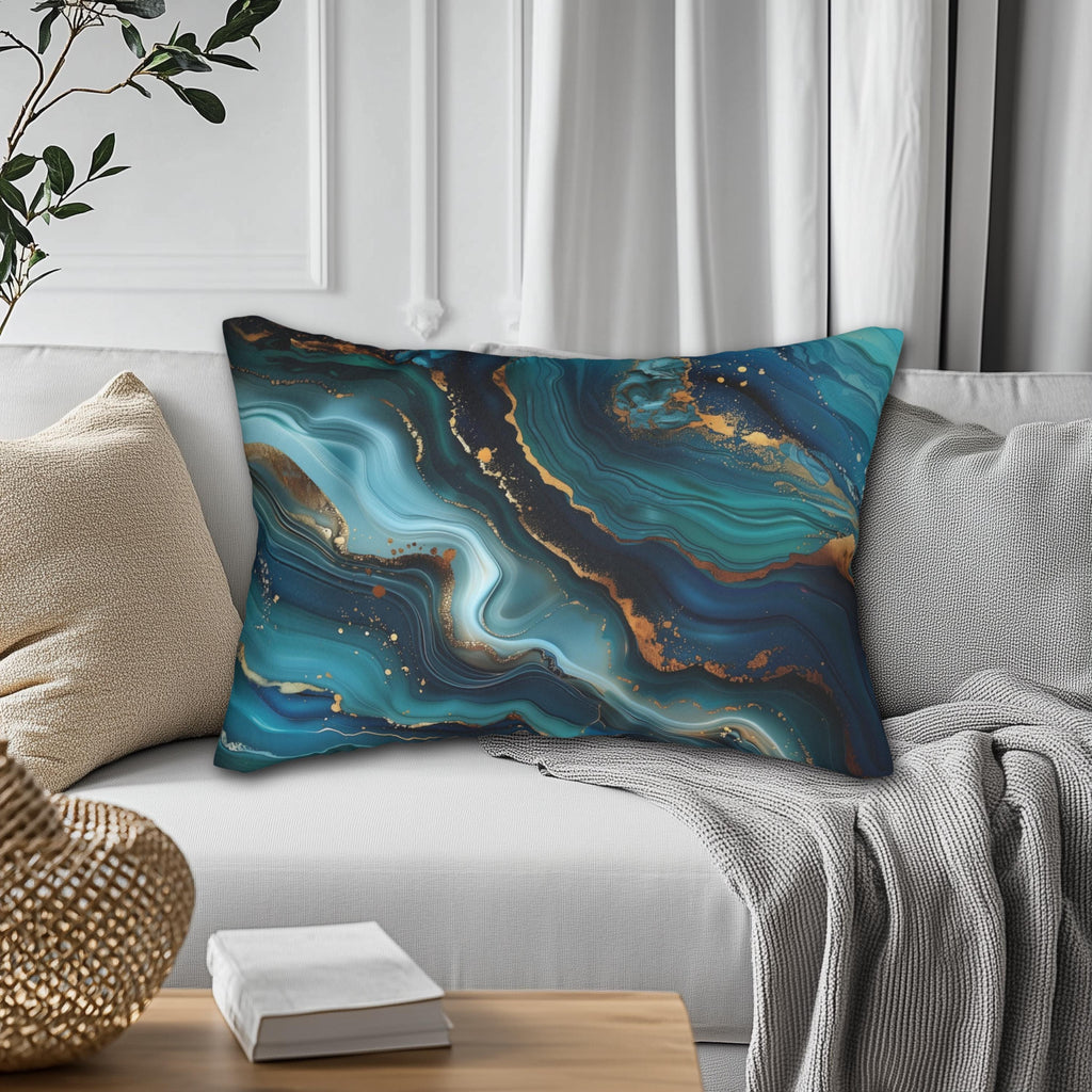 Sophisticated Ocean Waves Lumbar Pillow: Dark Blue & Teal with Gold Accents - Nautical Decor Gift