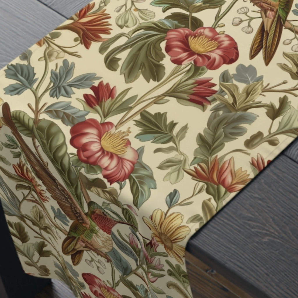 William Morris Table Runner: Vintage Style Botanical Hummingbird Floral Accent