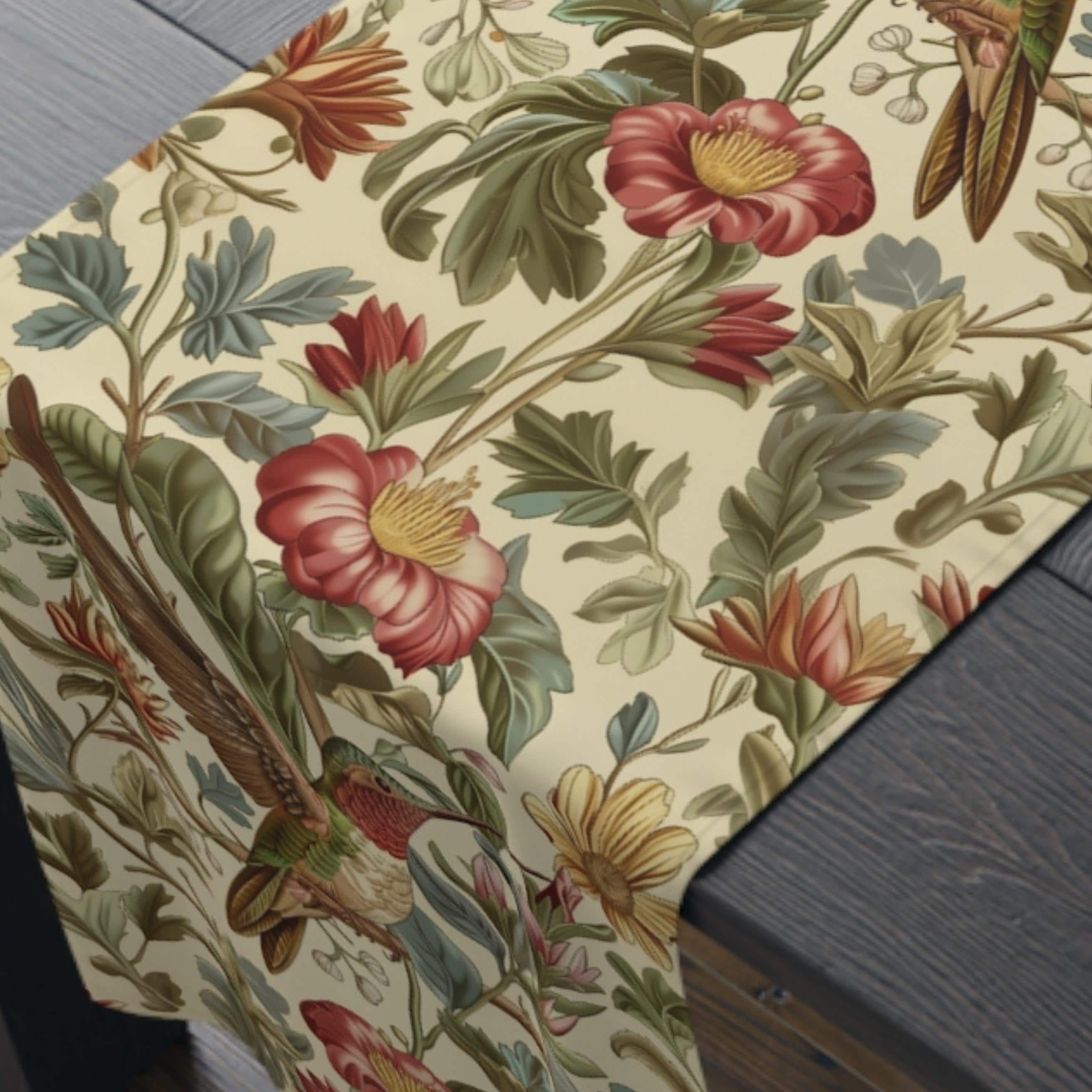 William Morris Table Runner: Vintage Style Botanical Hummingbird Floral Accent