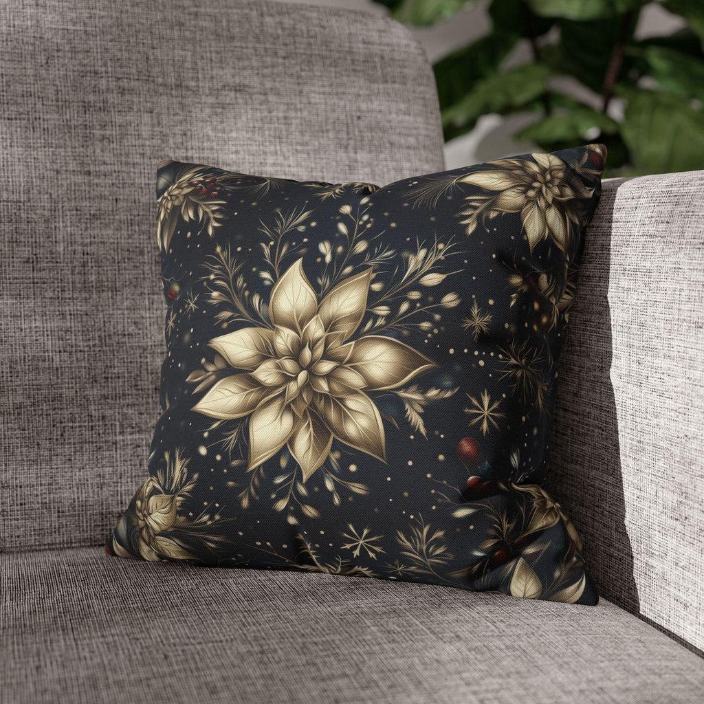 Elegant Holiday Pillow Cover | Golden Poinsettia Design | Navy Blue Background