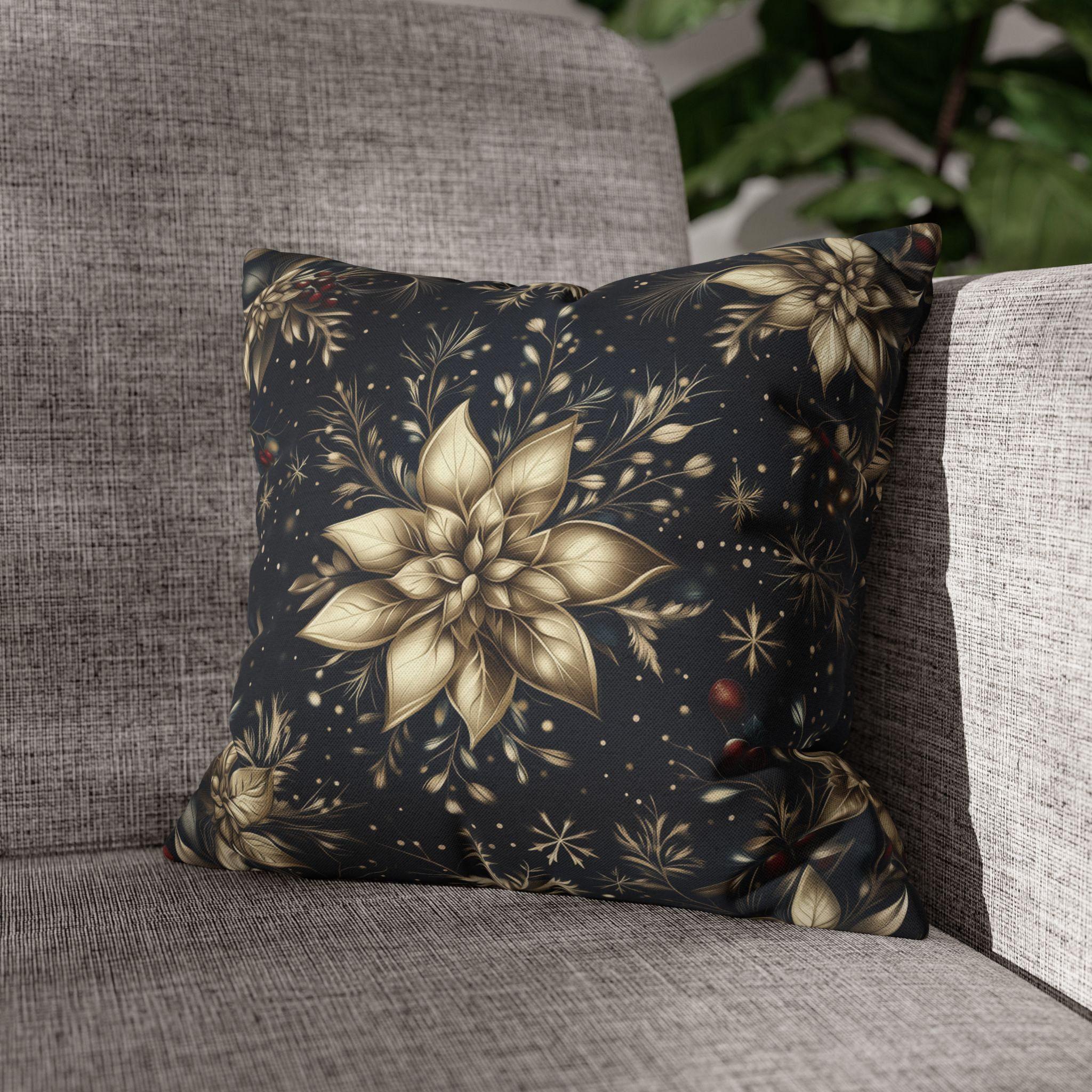 Elegant Holiday Pillow Cover | Golden Poinsettia Design | Navy Blue Background