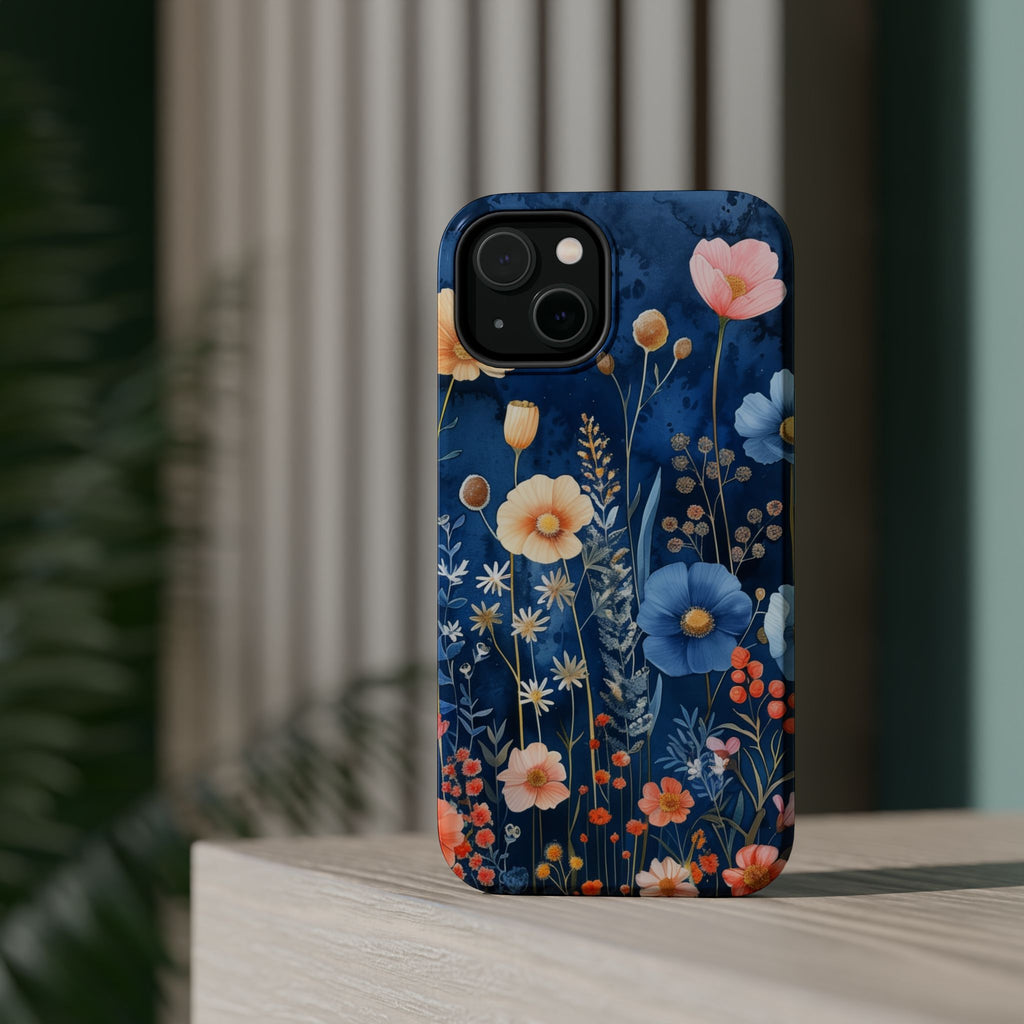 Blue Wildflower MagSafe iPhone Case: Dreamy Floral Design 14 15 16 Pro Plus Max