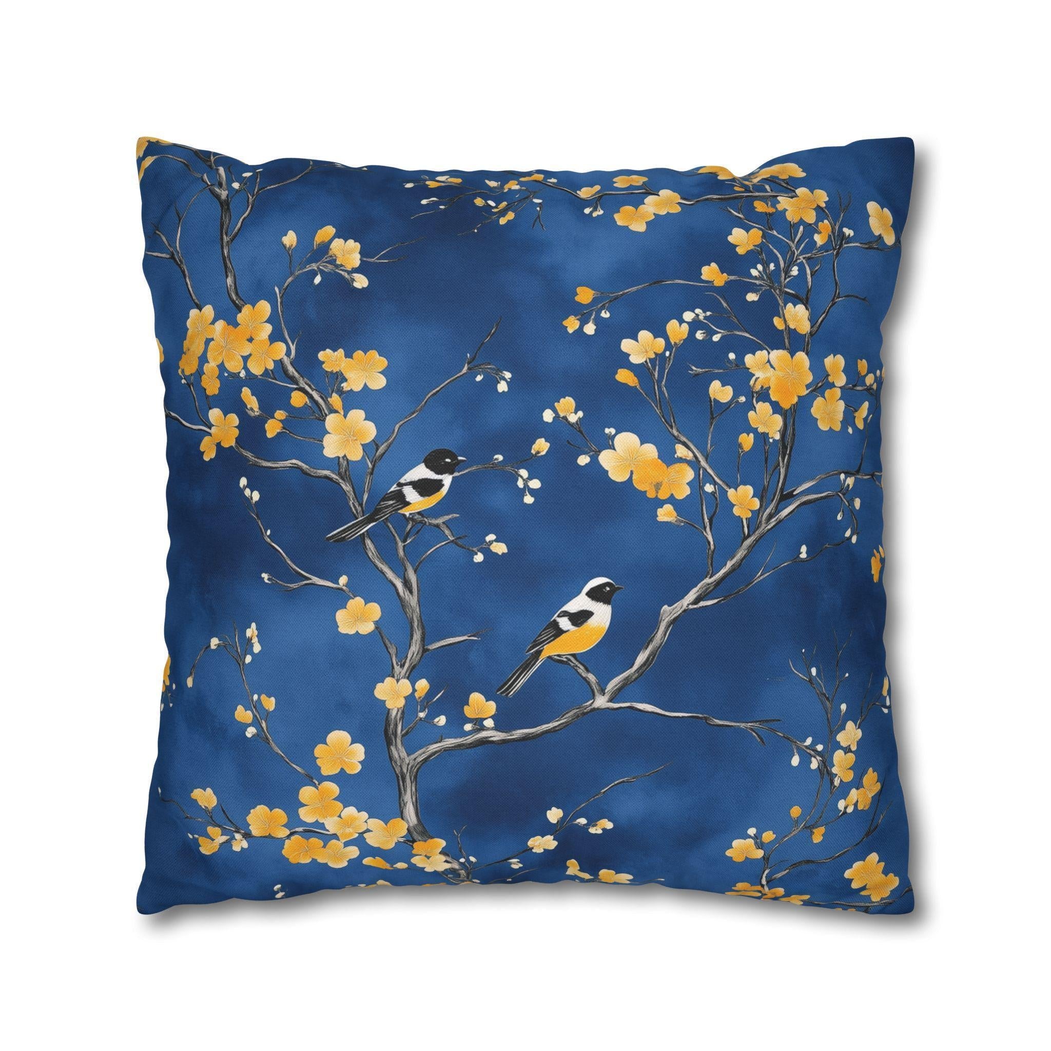 Royal Blue Chinoiserie Pillow Cover: Elegant Asian-Inspired Cushion with Yellow Blossoms and Birds