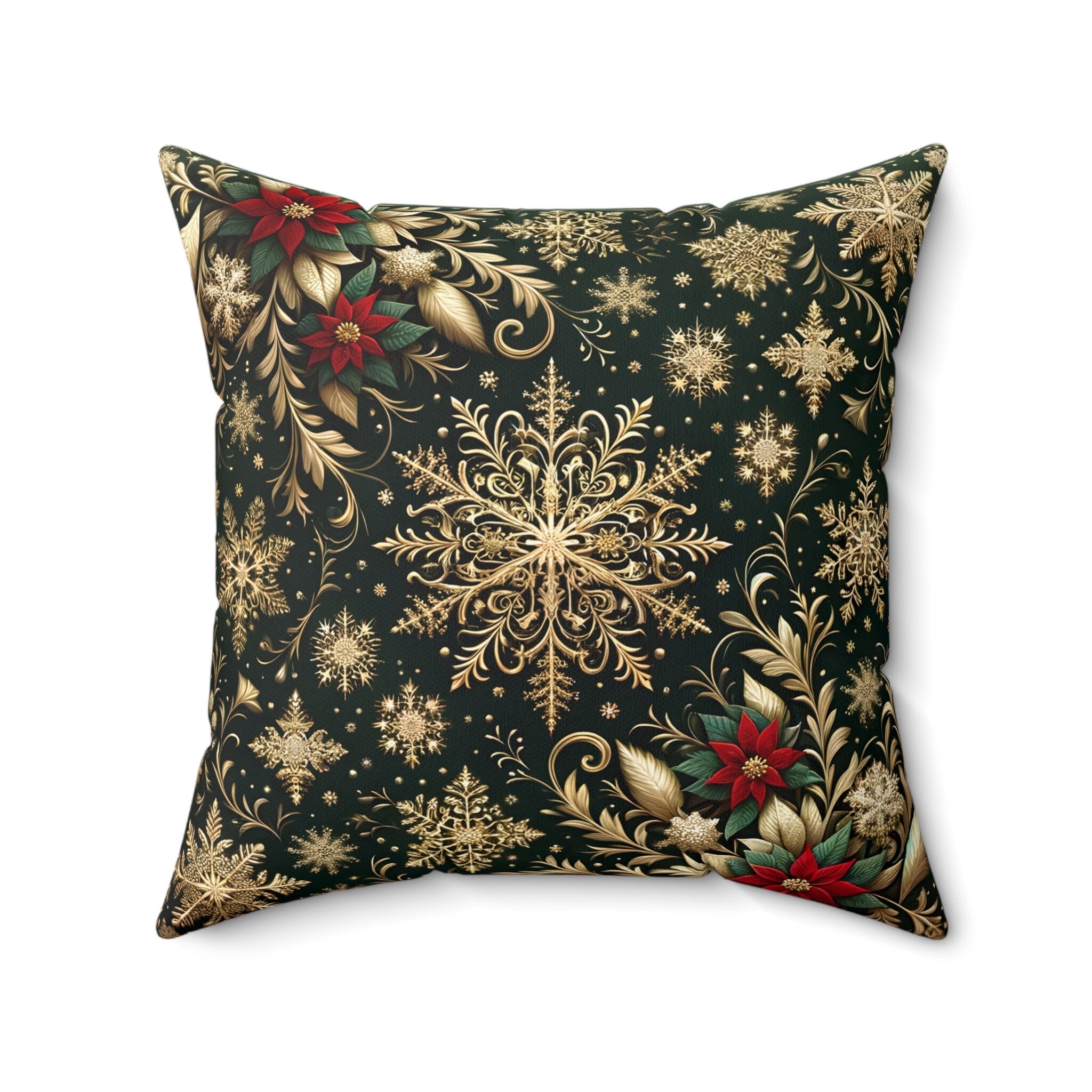 Elegant Poinsettia Christmas Throw Pillow: Golden Snowflakes & Emerald Festive Holiday Home Decor Accent