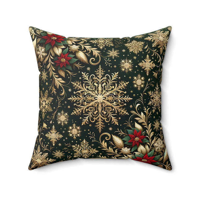 Elegant Poinsettia Christmas Throw Pillow: Golden Snowflakes & Emerald Festive Holiday Home Decor Accent