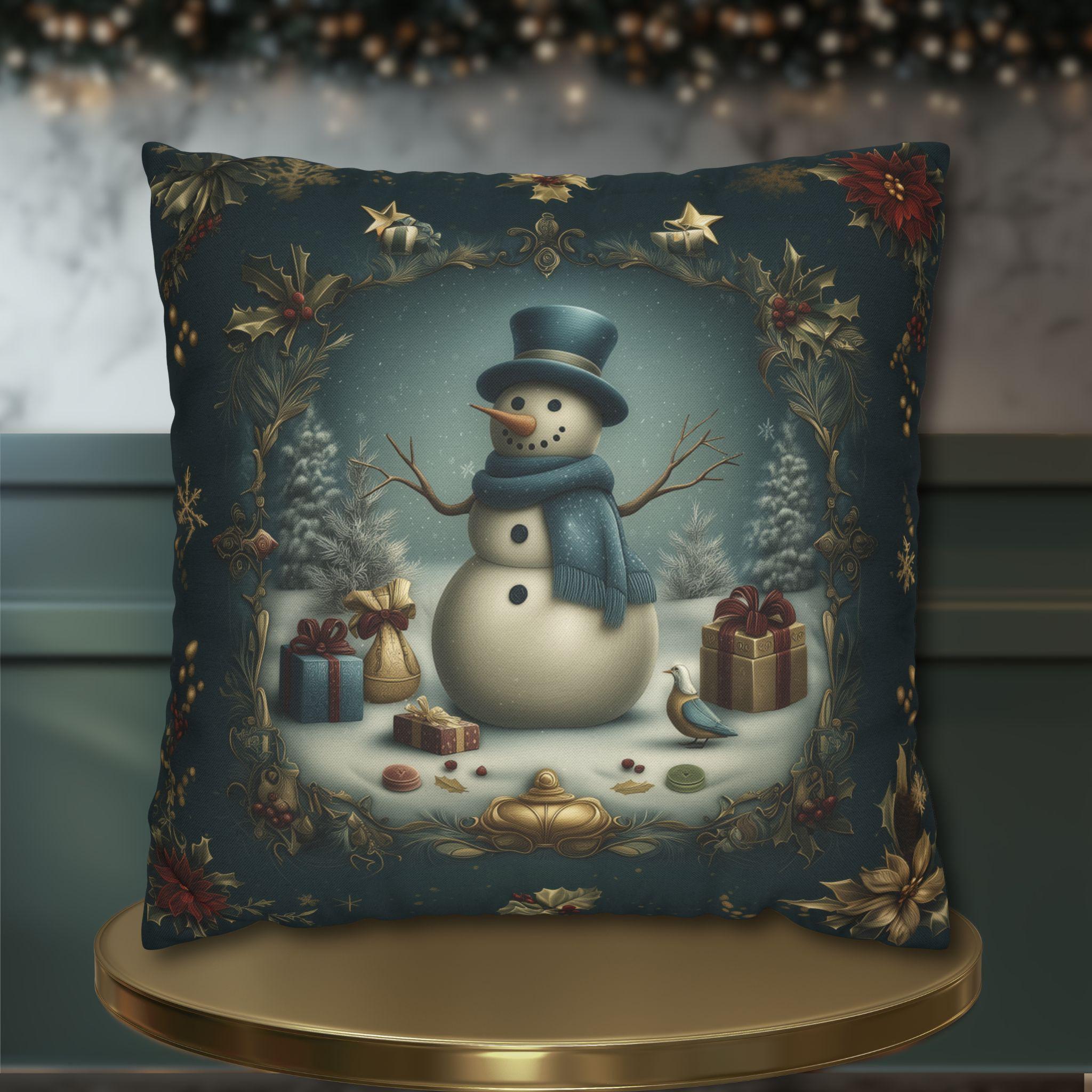 Vintage Style Pillow Cover: Blue-Green Christmas Snowman Luxury Holiday Decor