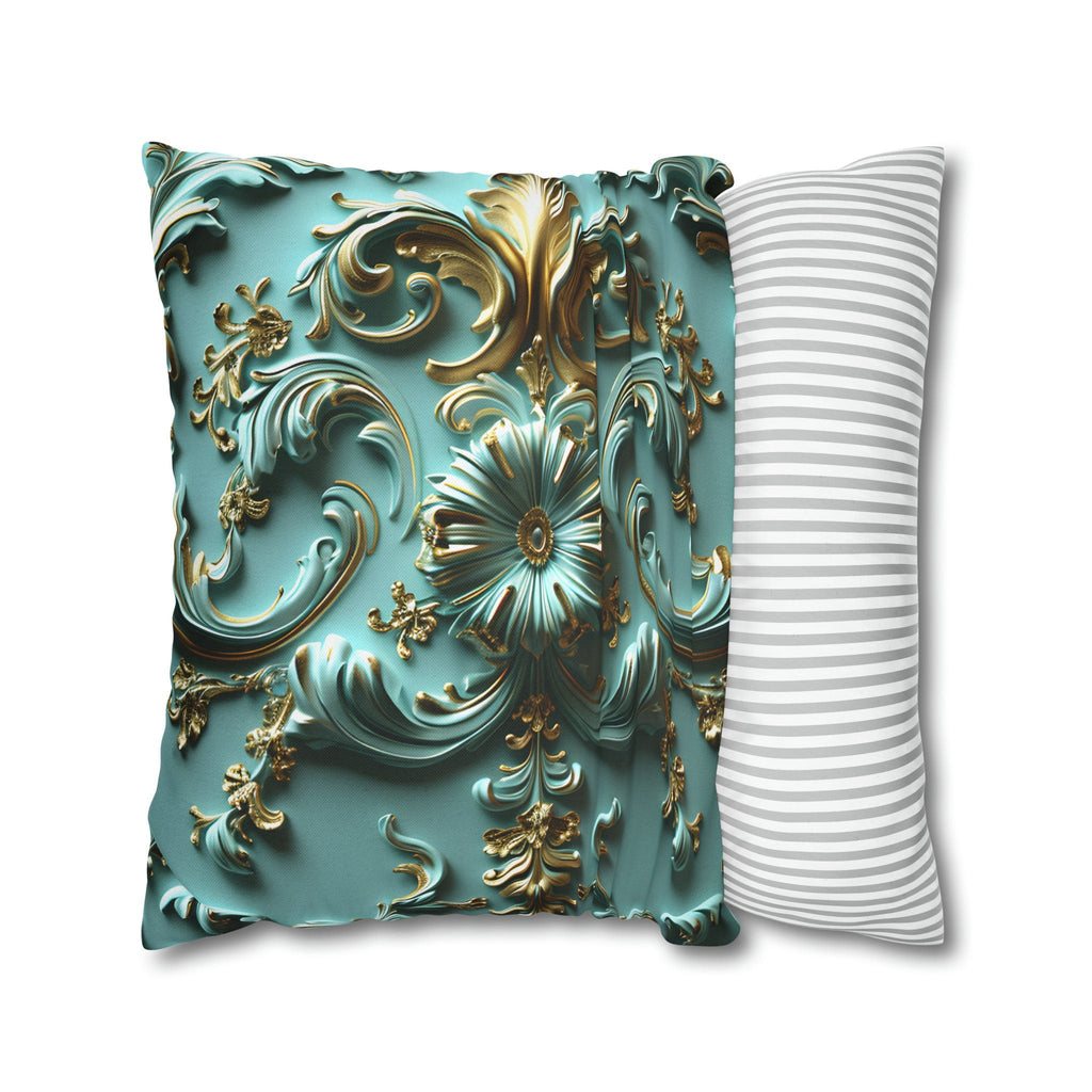 Luxurious Baroque Teal & Gold Floral Throw Pillow Cover | Elegant Scrollwork Design for Dramatic Decor