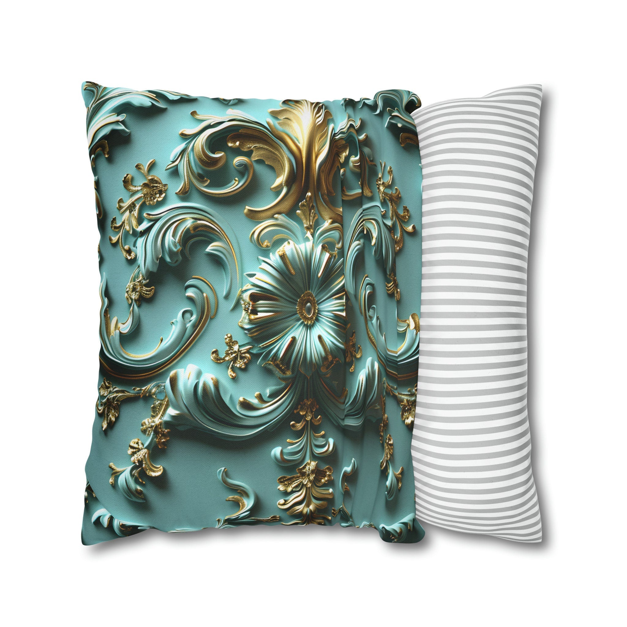Luxurious Baroque Teal & Gold Floral Throw Pillow Cover | Elegant Scrollwork Design for Dramatic Decor