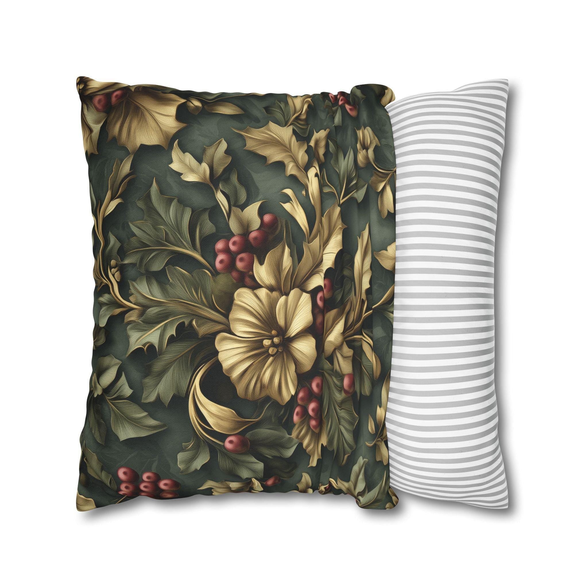 William Morris Inspired Holly & Berries Pillow Cover: Evergreen, Antique Gold, Cranberry