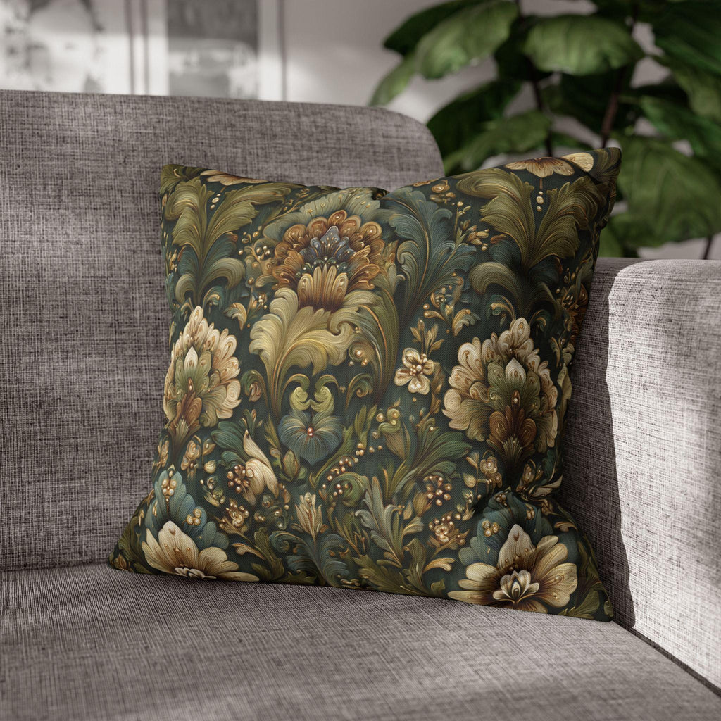 Botanical Damask Throw Pillow Cover: Moody Sage, Teal and Cream Floral