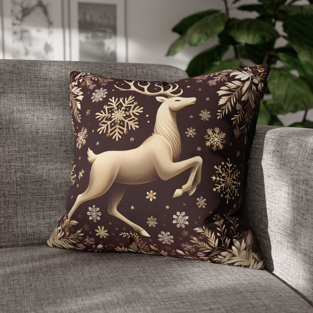 Regal Golden Reindeer Throw Pillow Cover: Burgundy & Gold Christmas Elegance