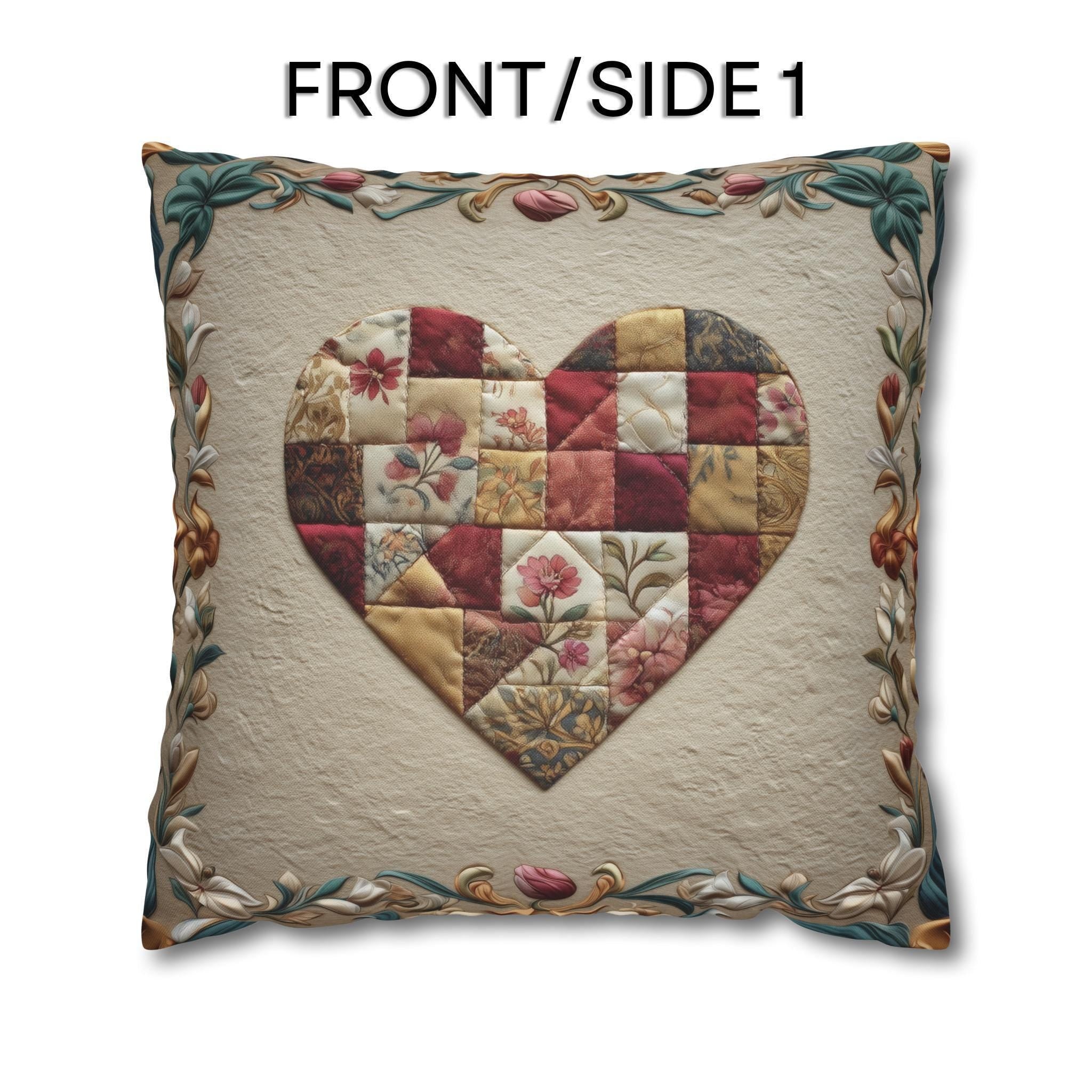 William Morris Inspired Quilted Heart Pillow Cover: Patchwork Look with Vintage Style Florals