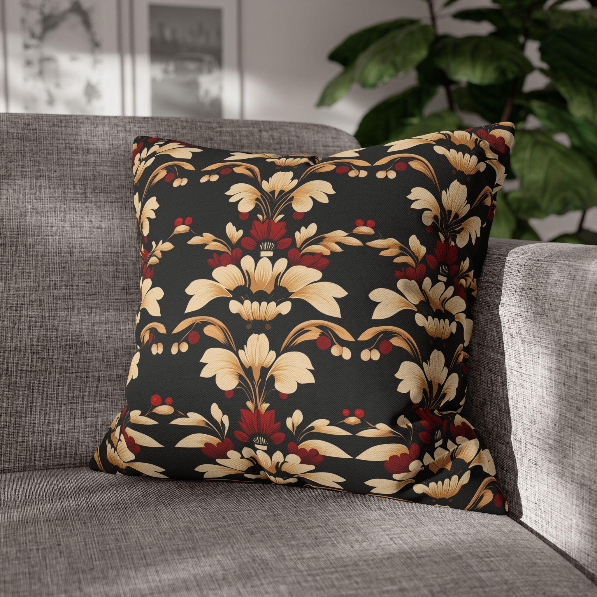 Vintage Style Floral Art Deco Throw Pillow Cover, Cream Red Gold