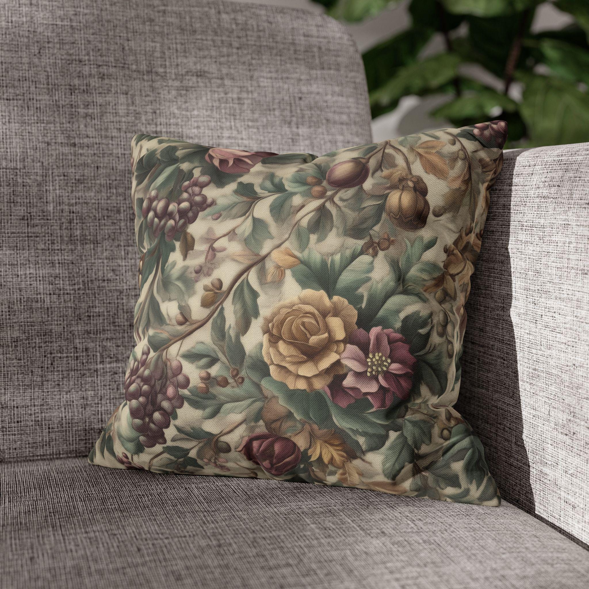 William Morris Inspired Christmas Floral Pillow Cover: Moss, Plum & Gold Square Polyester Cushion Case