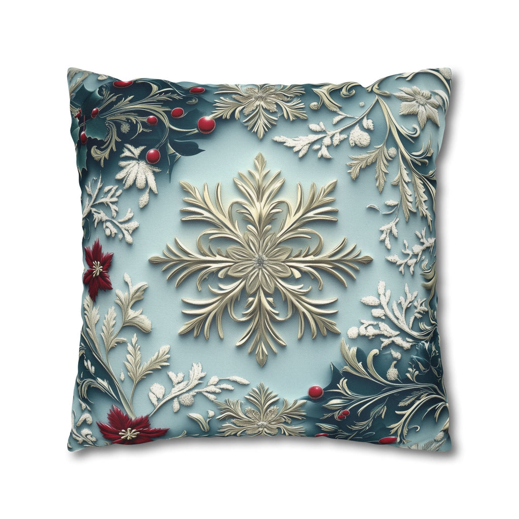 Blue Christmas Pillow Cover Elegant Chinoiserie Inspired Snowflake and Holly Design Light Blue Background