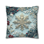 Blue Christmas Pillow Cover Elegant Chinoiserie Inspired Snowflake and Holly Design Light Blue Background