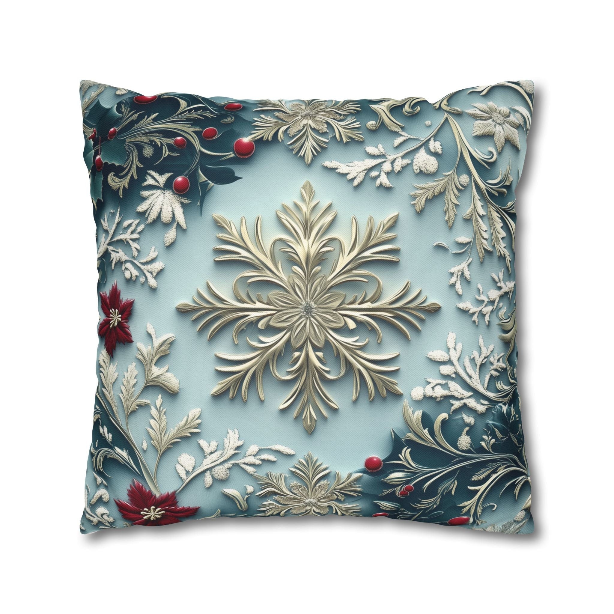 Blue Christmas Pillow Cover Elegant Chinoiserie Inspired Snowflake and Holly Design Light Blue Background
