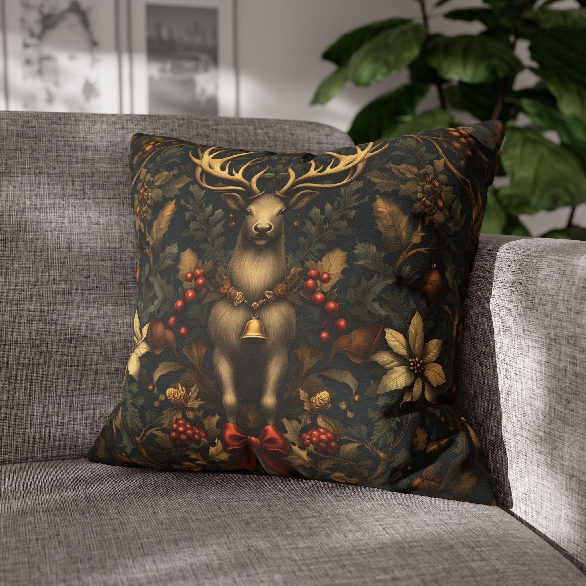 Reindeer Christmas Pillow Cover: William Morris Inspired Botanical Holiday Accent