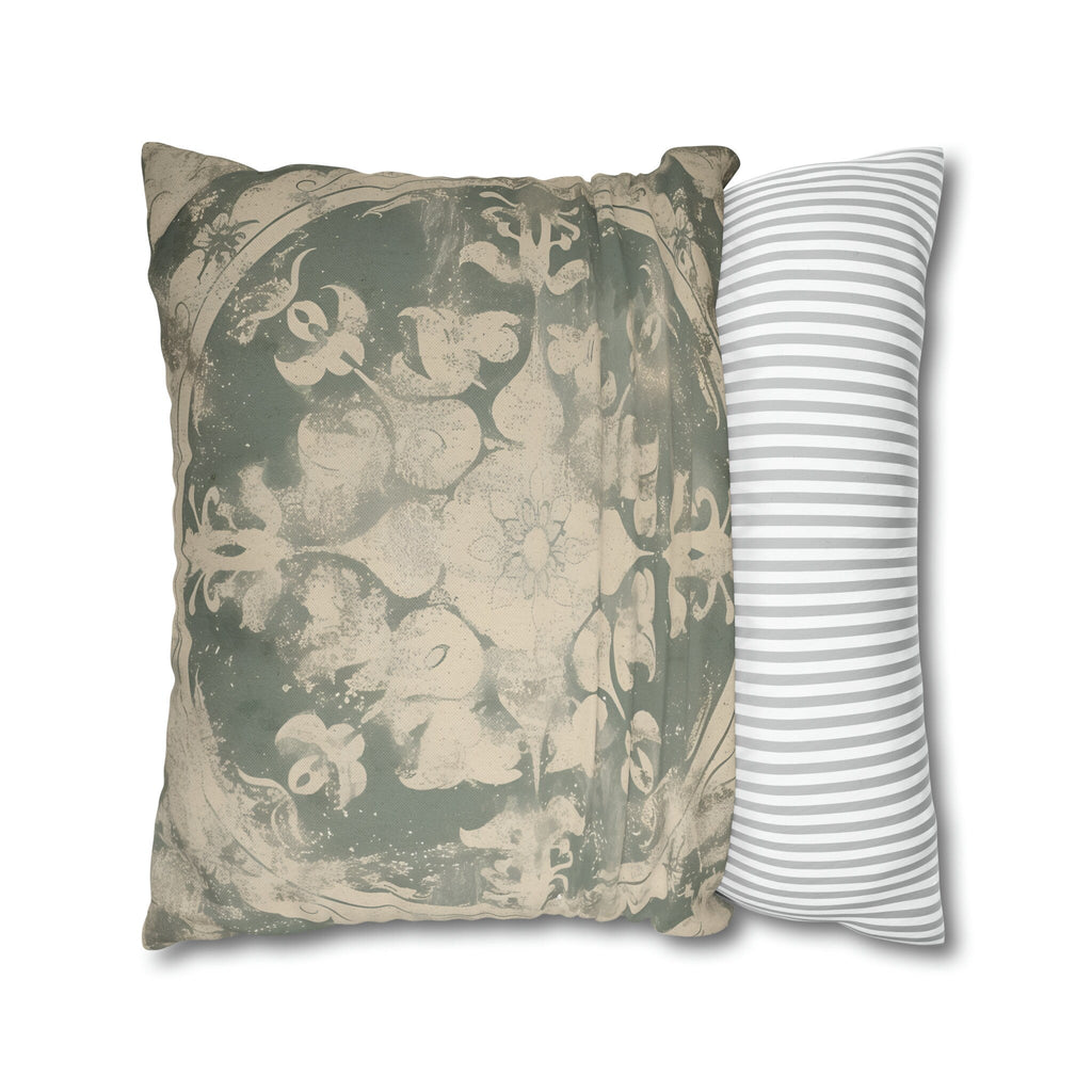 Vintage-Inspired French Farmhouse Pillow Cover: Faded Symmetrical Design in Sage & Off-White