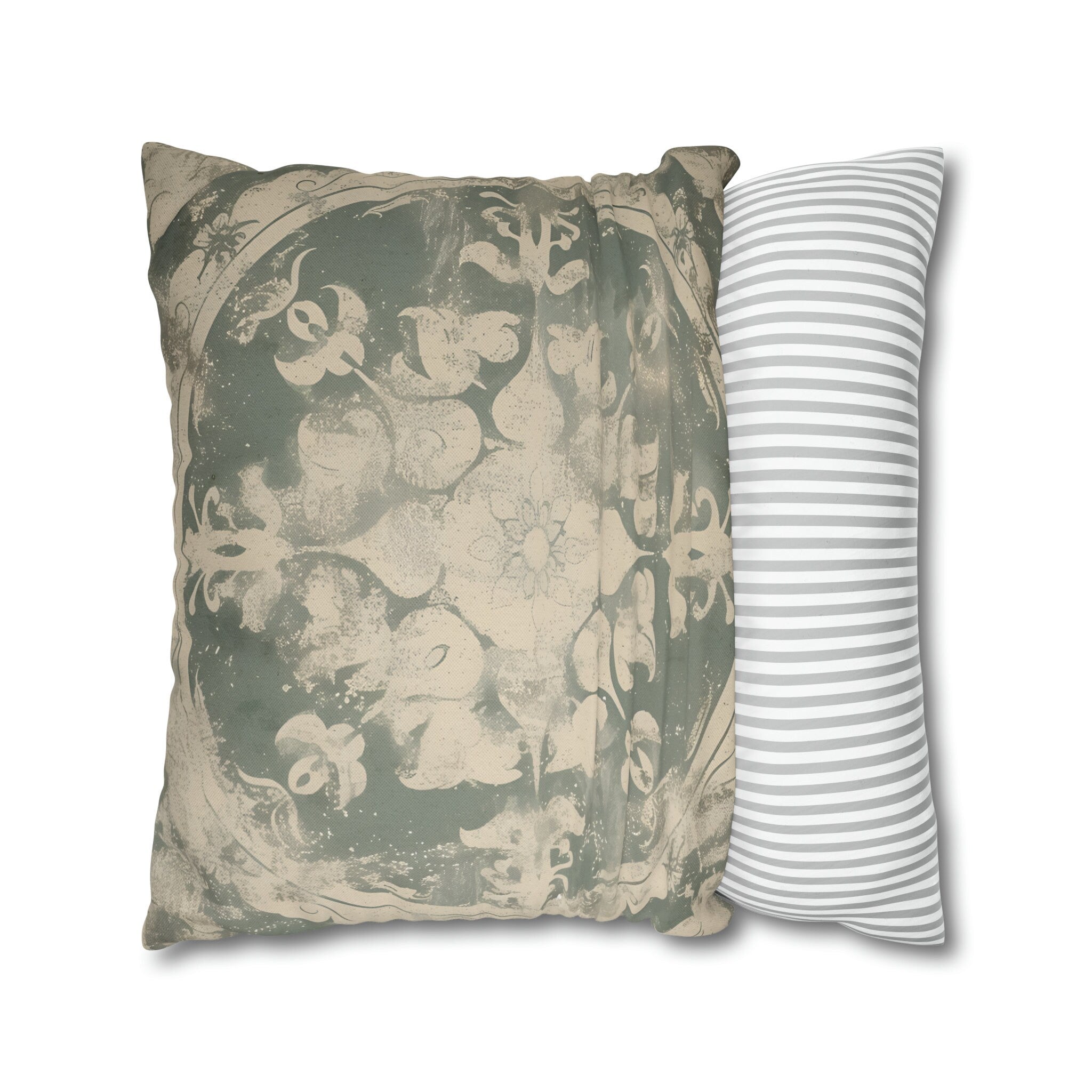 Vintage-Inspired French Farmhouse Pillow Cover: Faded Symmetrical Design in Sage & Off-White