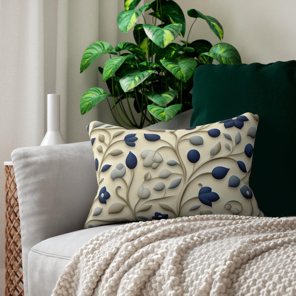William Morris Inspired Lumbar Pillow: Navy & Taupe Floral Botanical