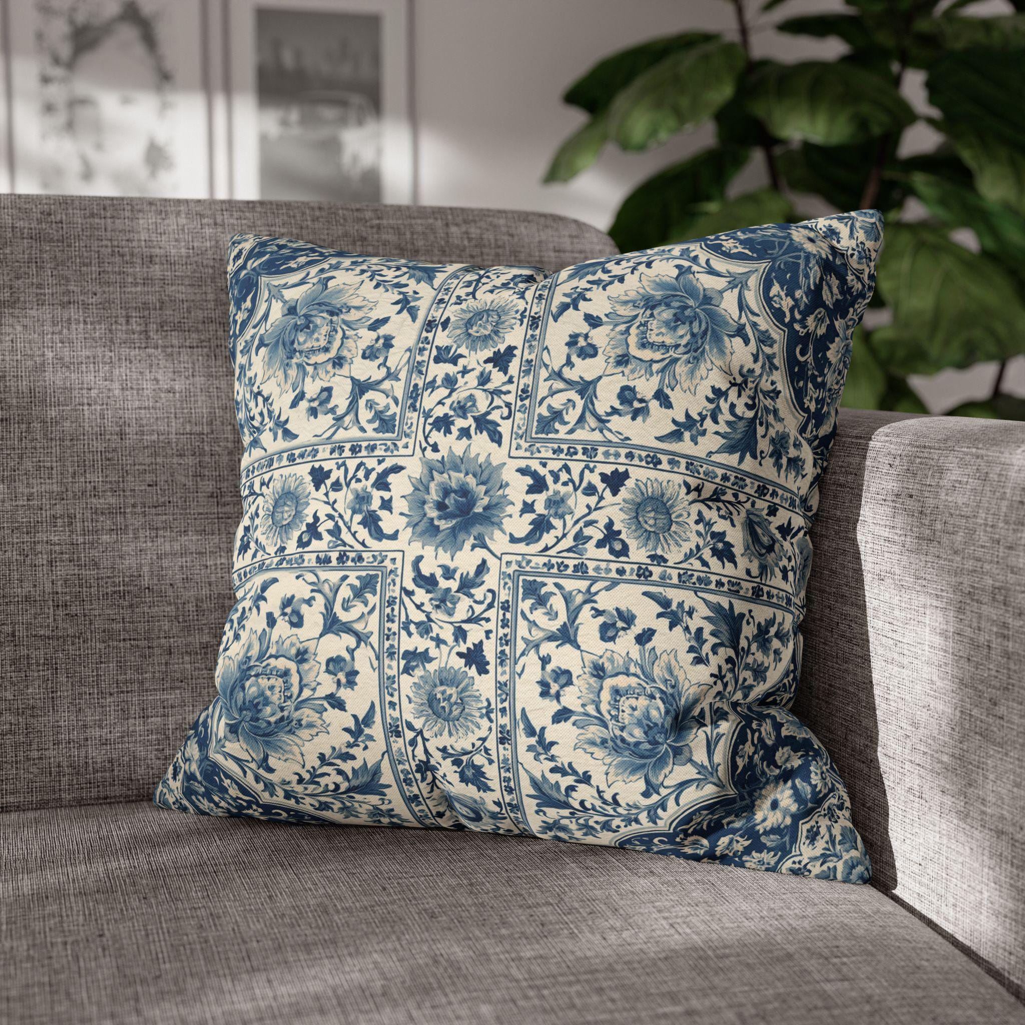Toile Pillow Cover: Blue and Cream Botanical Farmhouse Decor