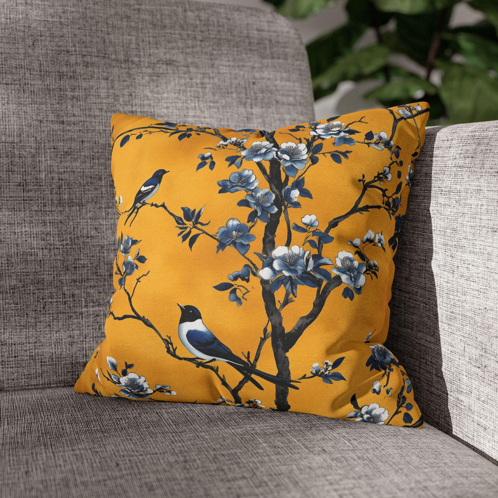 Elegant Chinoiserie Bird Pillow Cover: Golden Yellow & Blue Floral Cushion Case for Eclectic Decor
