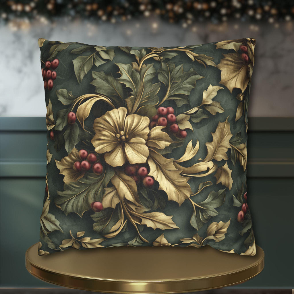 William Morris Inspired Holly & Berries Pillow Cover: Evergreen, Antique Gold, Cranberry