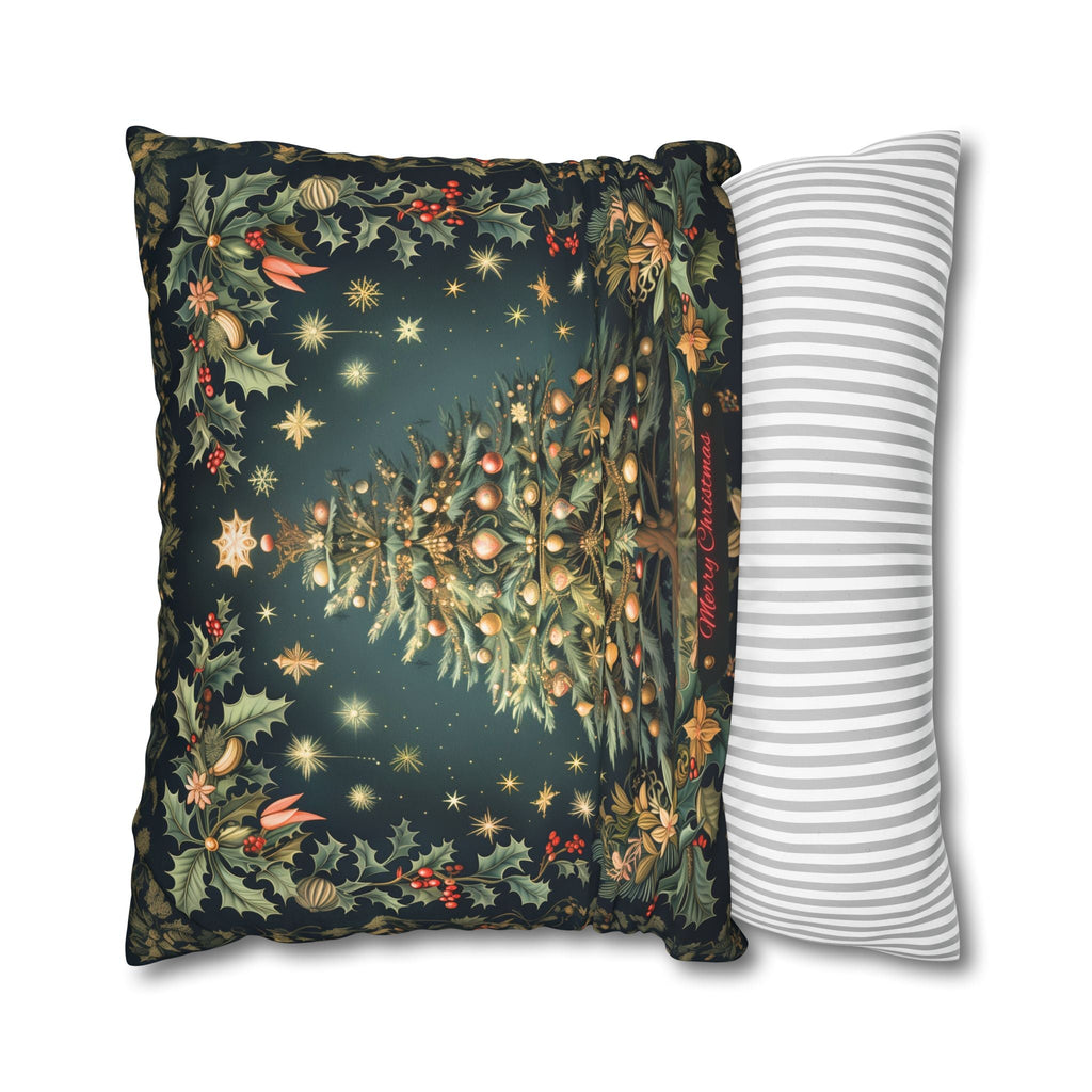 William Morris Merry Christmas 2024 Euro Sham, Gold Red Ornaments on Forest Green and Holly 24x24 & 26x26 inch sizes available