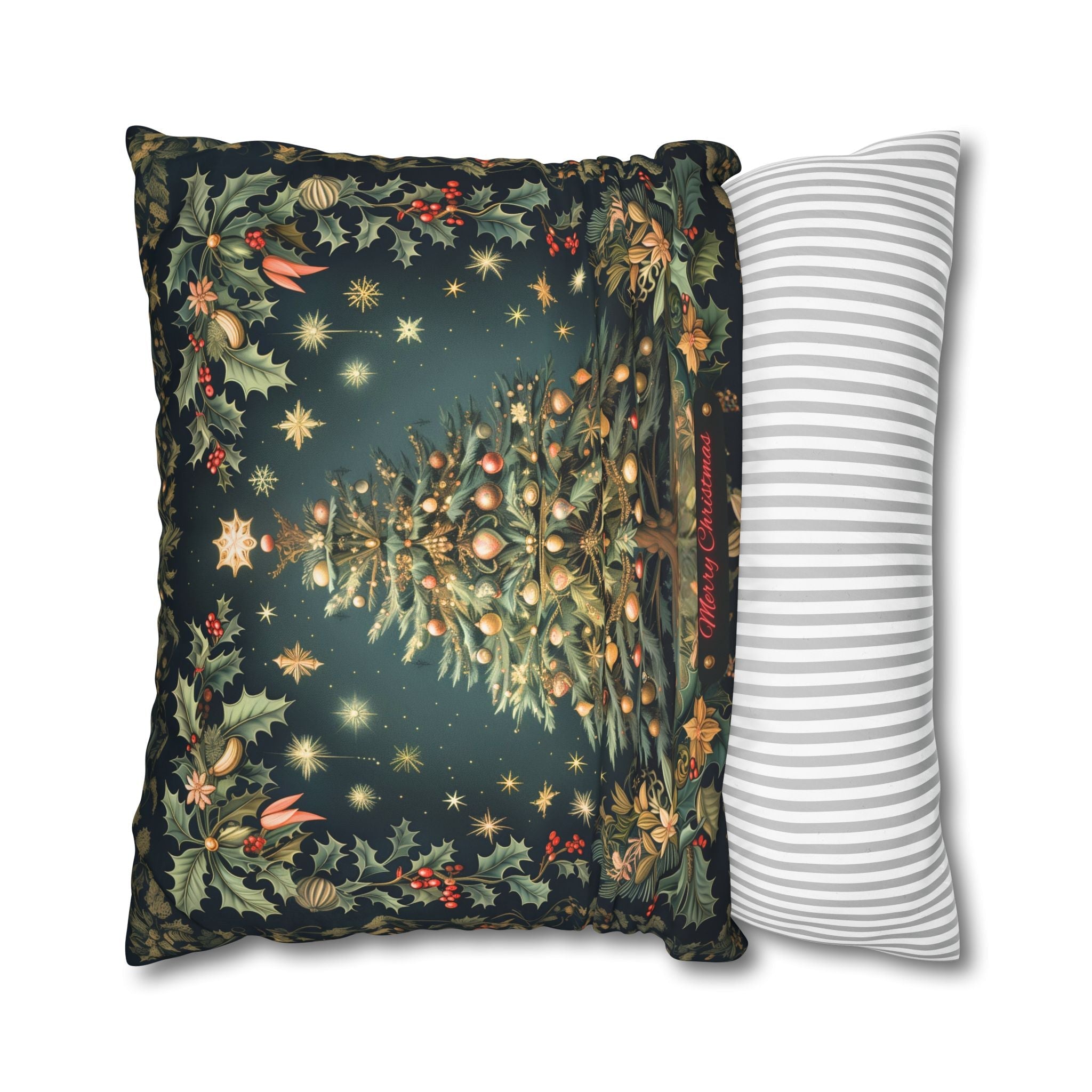 William Morris Merry Christmas 2024 Euro Sham, Gold Red Ornaments on Forest Green and Holly 24x24 & 26x26 inch sizes available