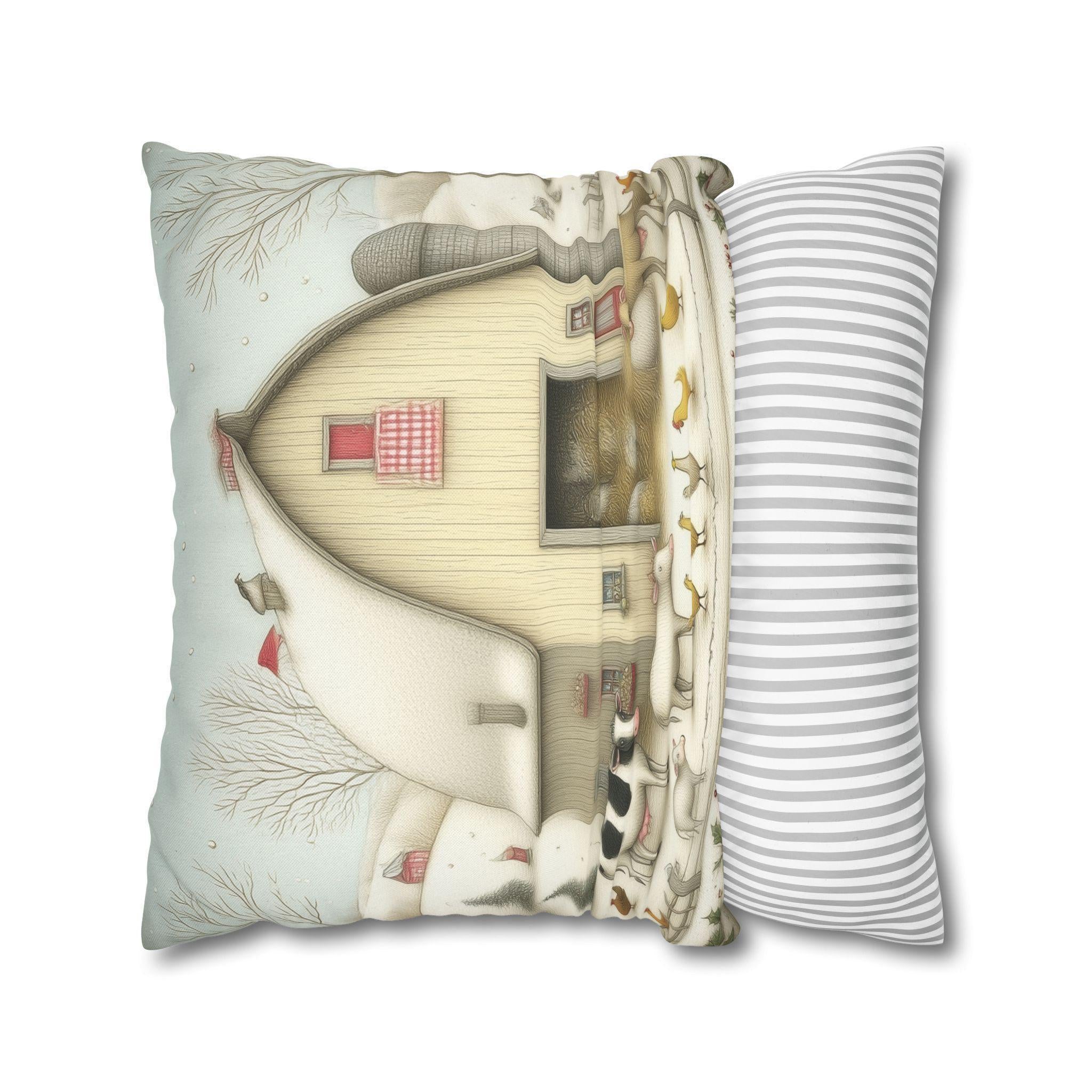 Farmhouse Christmas Barn Pillow Cover: Vintage Style Winter Country Scene
