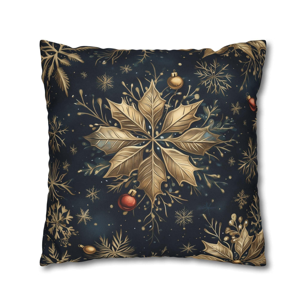 Elegant Poinsettia and Snowflake Pillow Cover | Holiday Decor | Gold Accents on a  Navy Blue Background