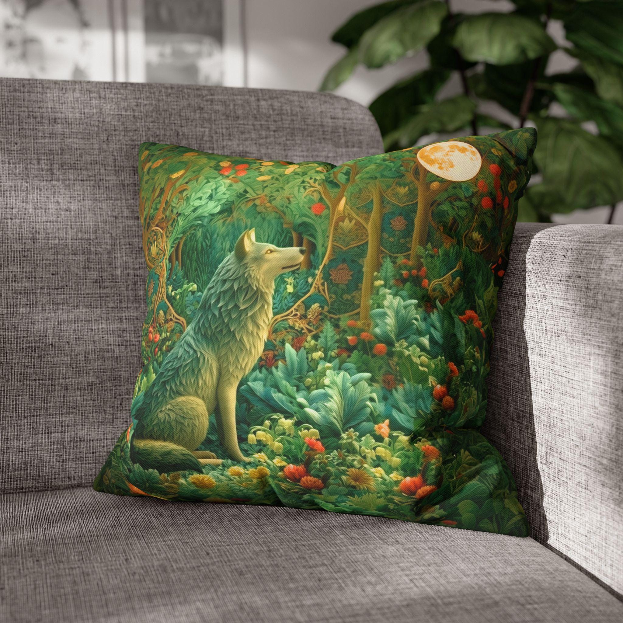 William Morris Inspired Pillow Cover: Full Moon Woodland Wolf Design
