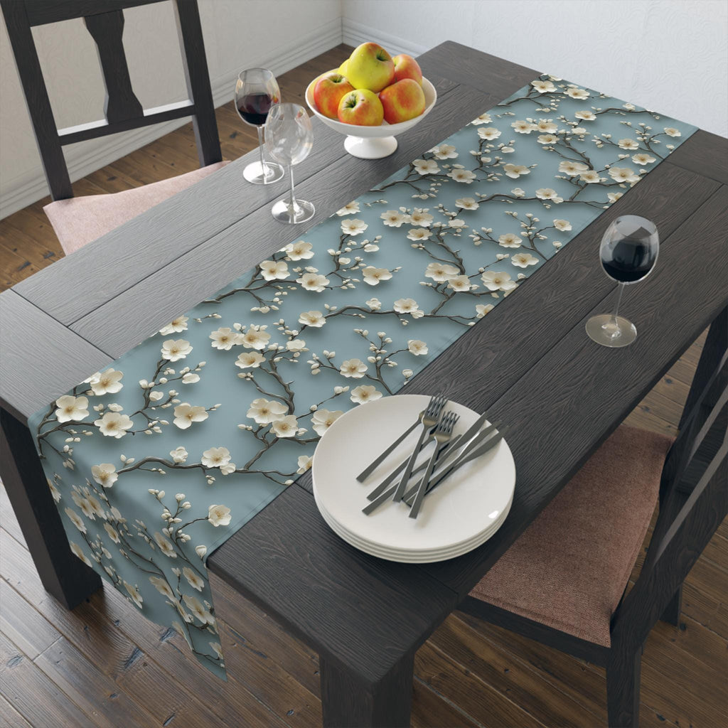Elegant Chinoiserie Table Runner: Blue-Teal Gradient Cherry Blossom Design for Modern Dining Decor