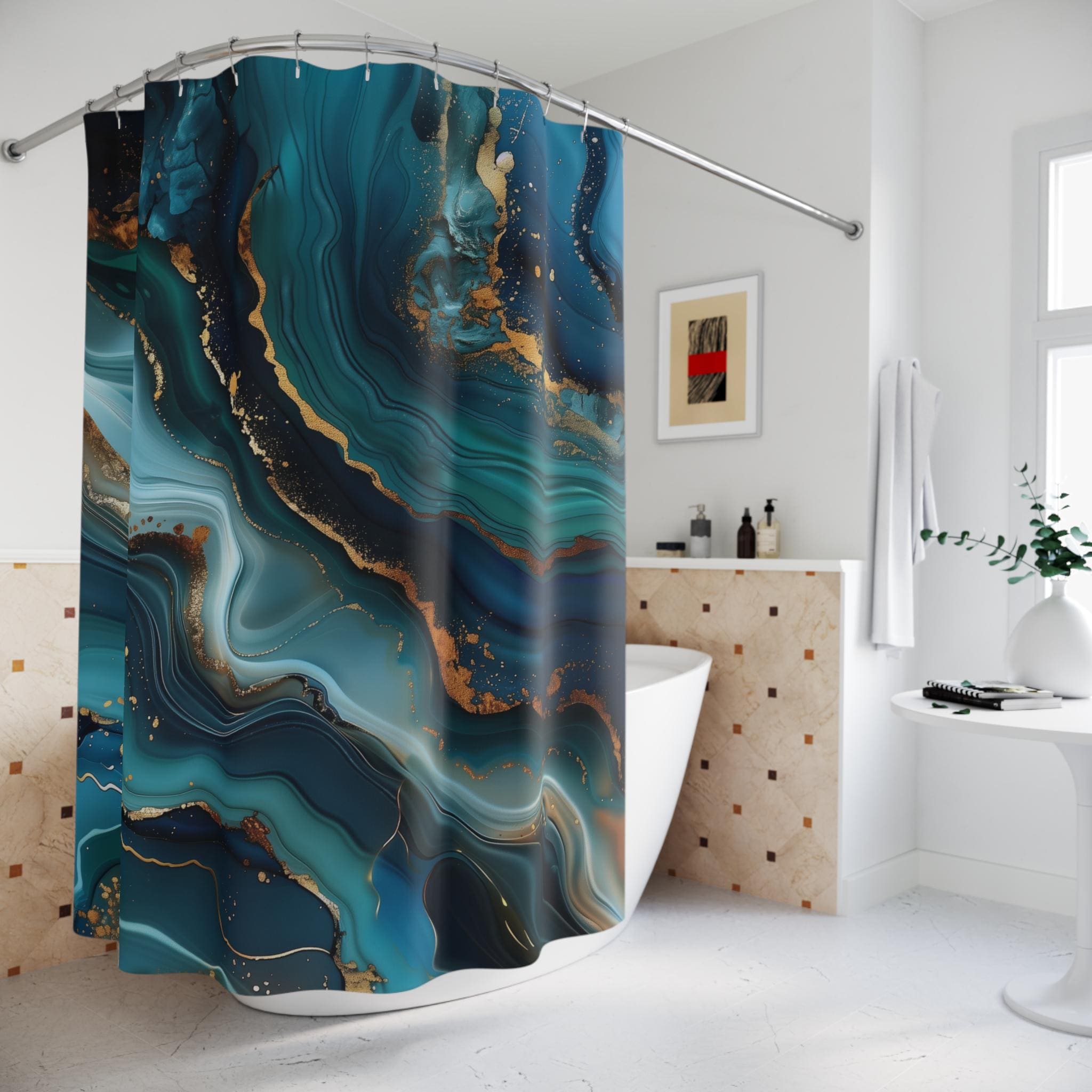 Ocean Wave Shower Curtain: Teal Navy Marble Print with Gold Accents
