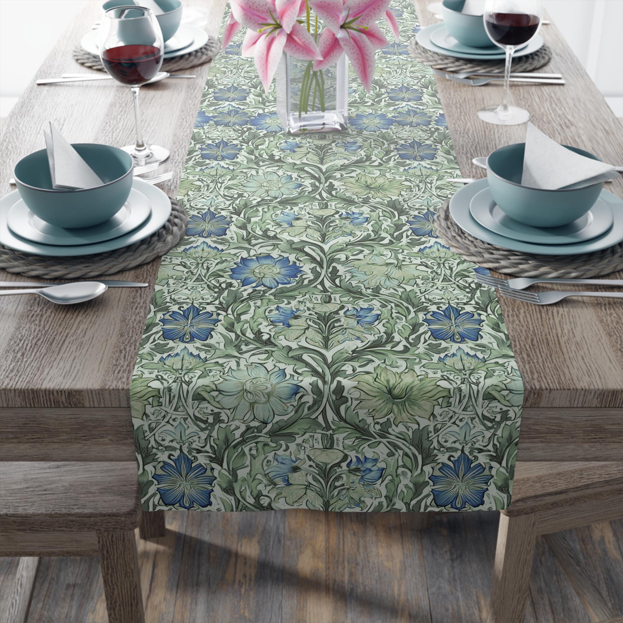William Morris inspired table runner: Sage and Blue Floral Vine