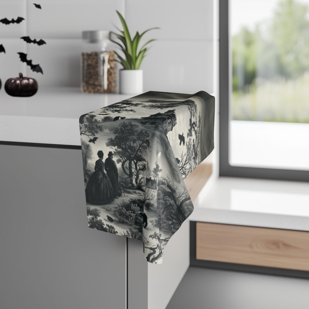 Halloween Toile Hand Towel: Haunted House, Crows and Black Cat in Monochrome