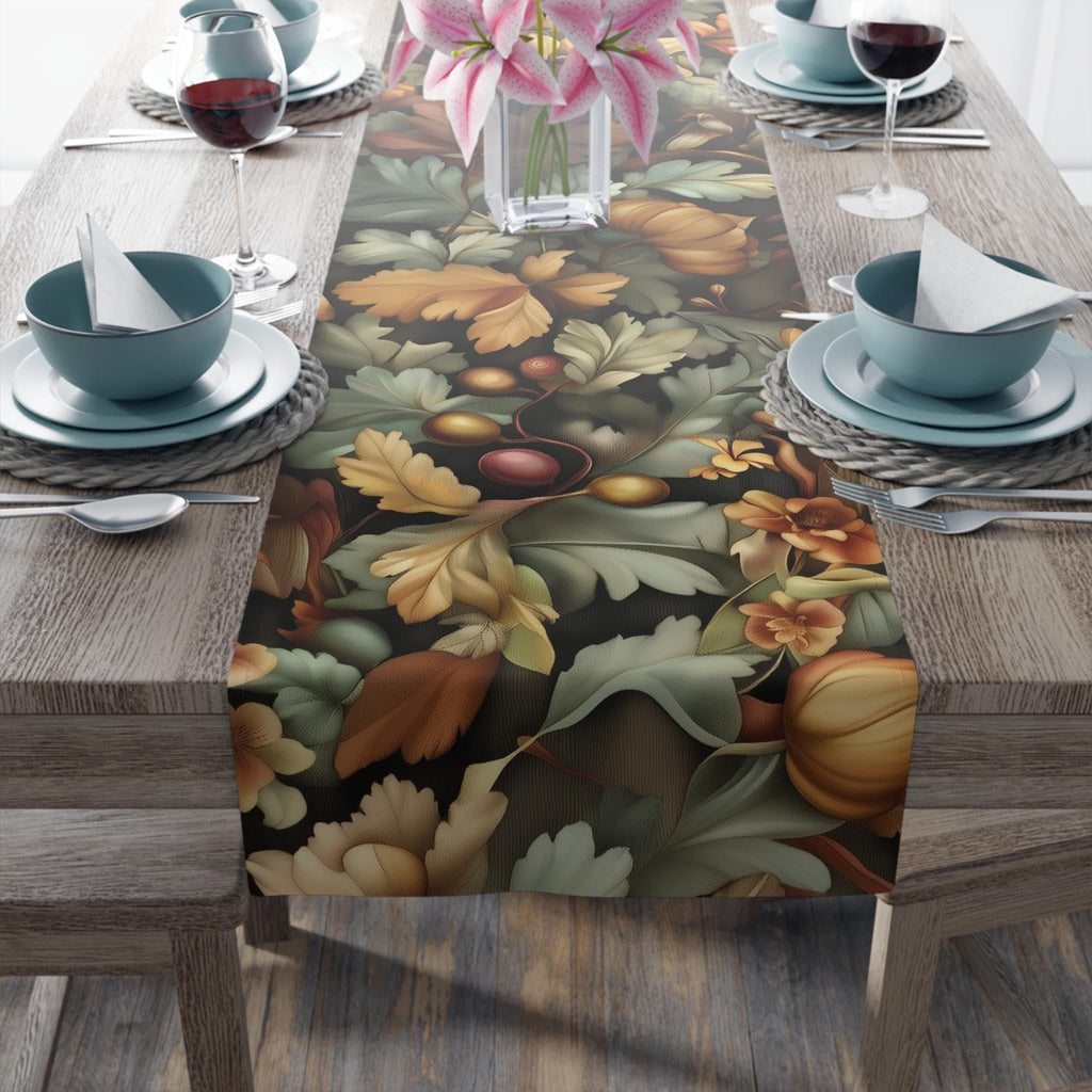 William Morris Inspired Autumn Botanical Table Runner: Charcoal, Sage, and Gold Fall Dining Decor