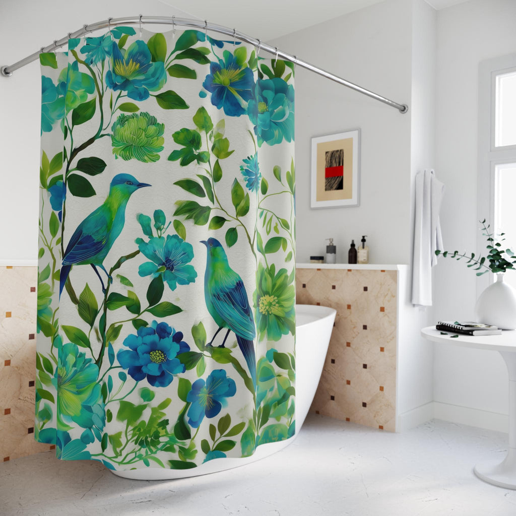 Elegant Chinoiserie Shower Curtain: Blue-Green Birds & Blossoms for Nature-Inspired Bath Decor