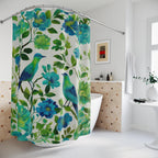 Elegant Chinoiserie Shower Curtain: Blue-Green Birds & Blossoms for Nature-Inspired Bath Decor