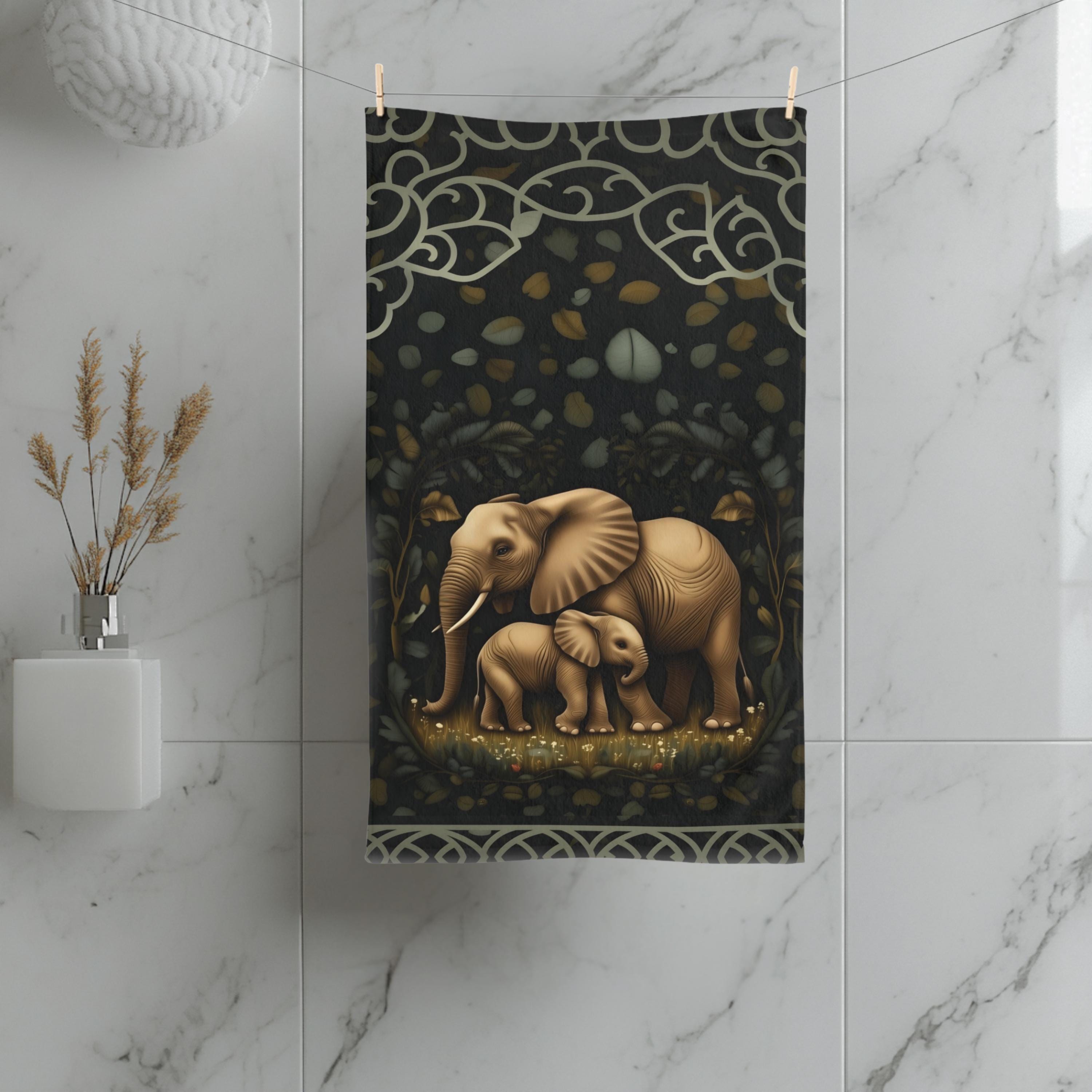 Elephant Hand Towel: Botanical Jungle Design - Soft Earth Tones