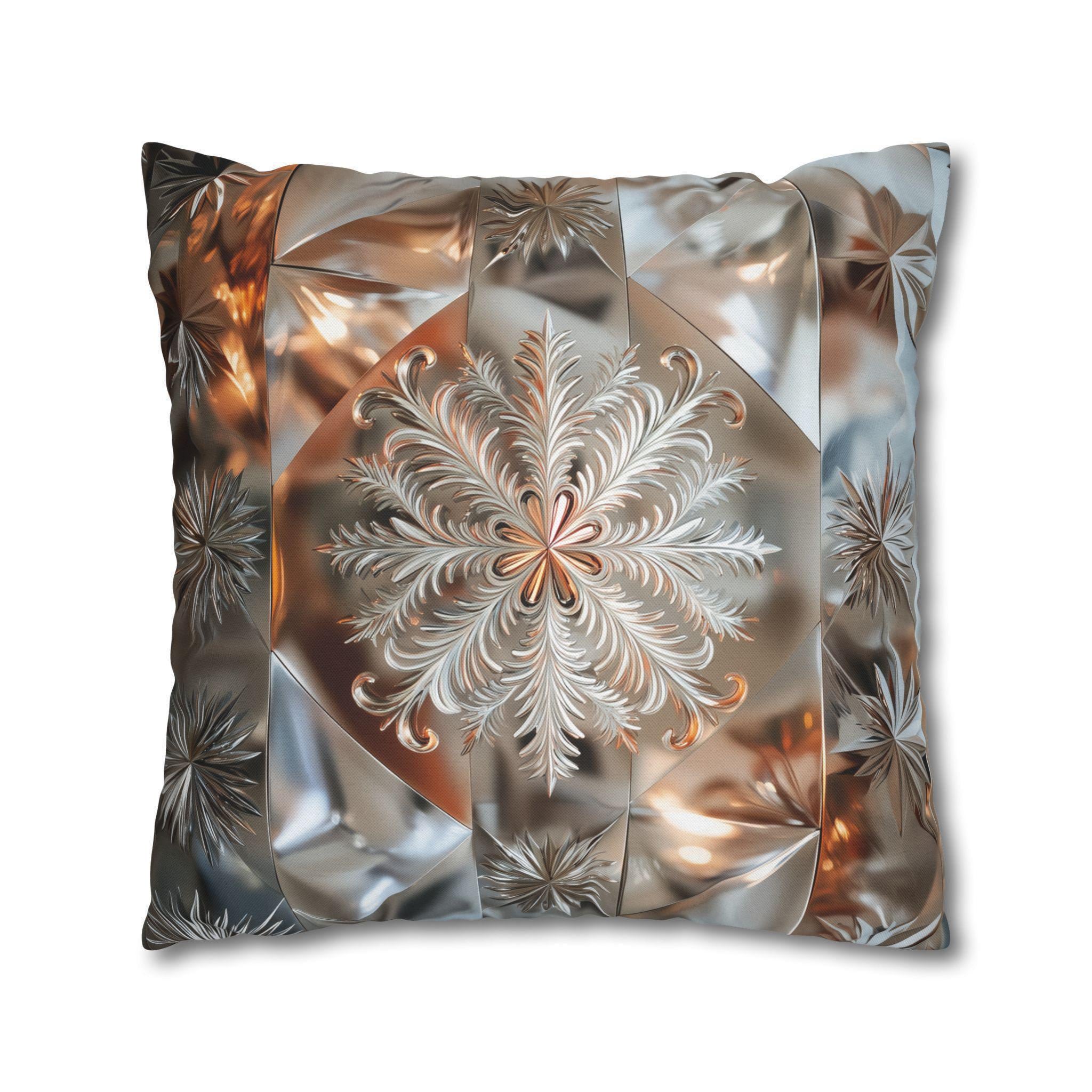 Snowflake Luxury Pillow Cover, Holiday Inspired Winter Charm, Silver Bronze Champagne Tones Square Pillowcase