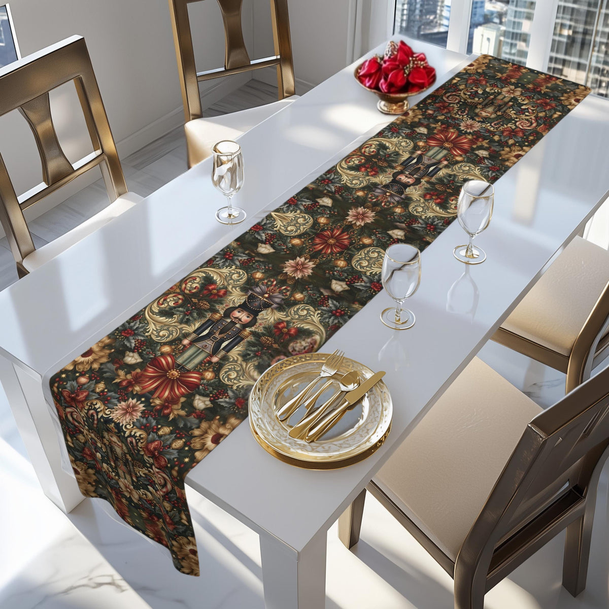 William Morris Nutcracker Christmas Table Runner: Red, Green, Gold Vintage Style Holiday Dining
