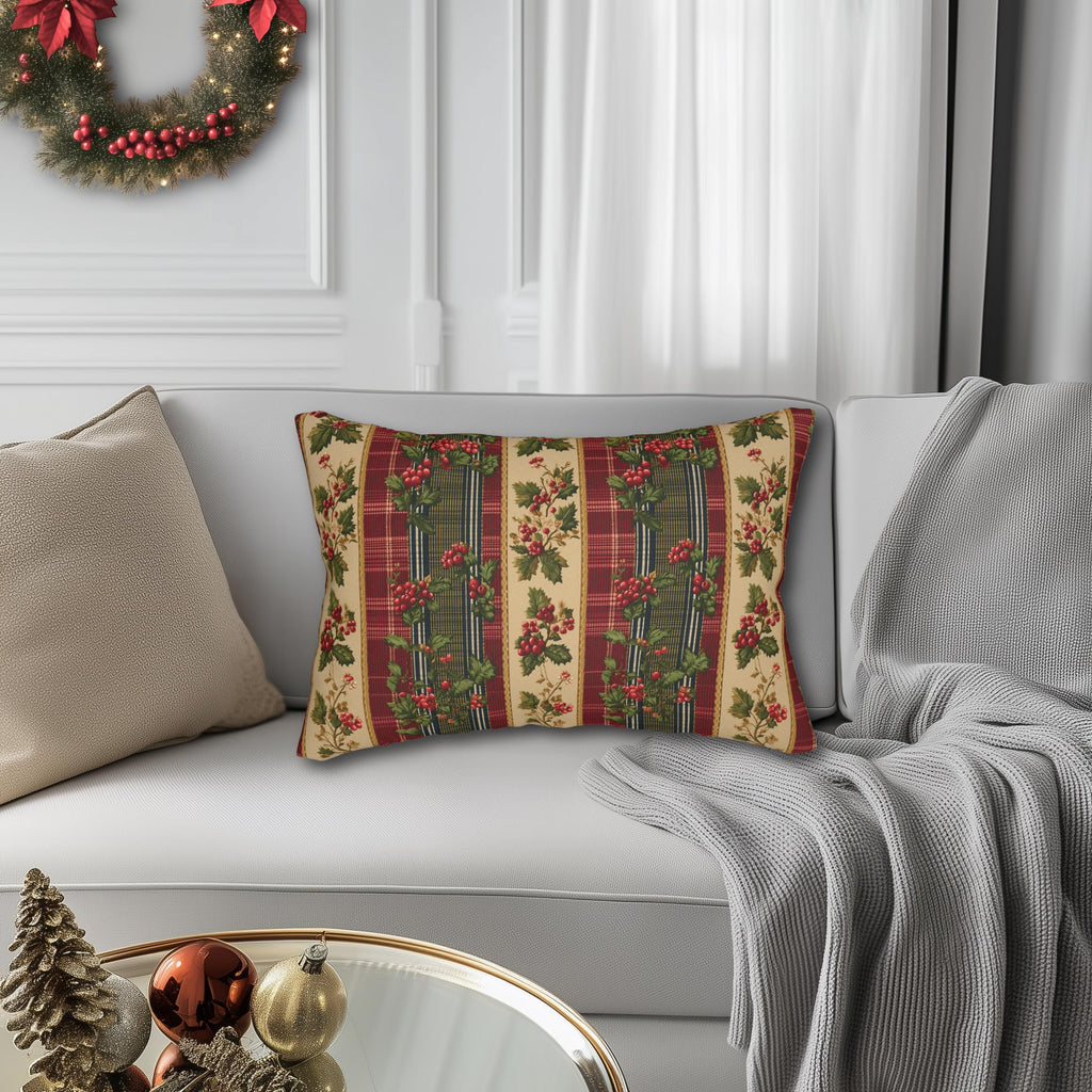 Christmas Lumbar Pillow: Classic Vintage Style Holly & Tartan Plaid in Red Green and Cream