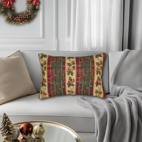 Christmas Lumbar Pillow: Classic Vintage Style Holly & Tartan Plaid in Red Green and Cream