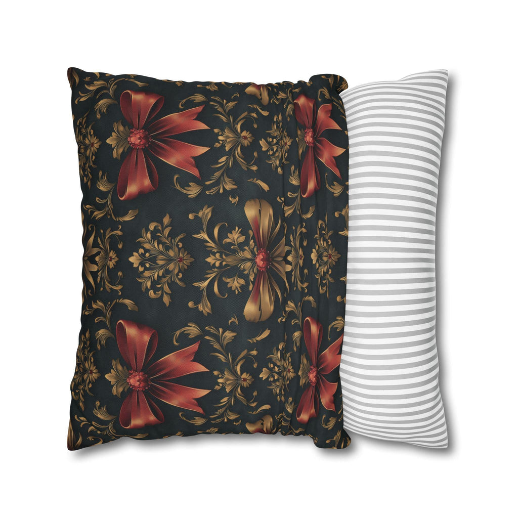 Baroque Christmas Pillow Cover: Green Charcoal Red Gold Bows
